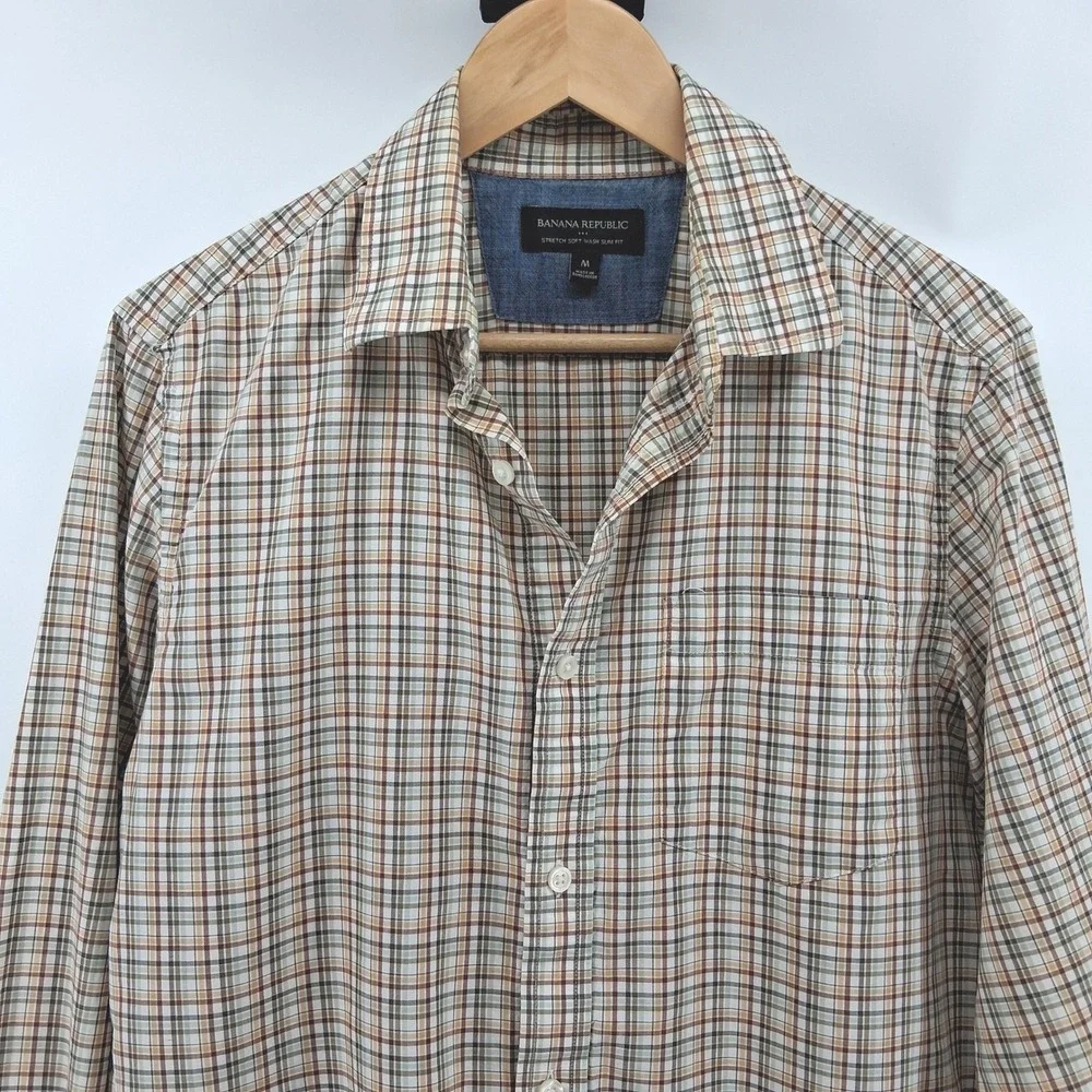 Banana Republic Mens M‎ Slim Fit Soft Wash Plaid Button Down Shirt Brown Green